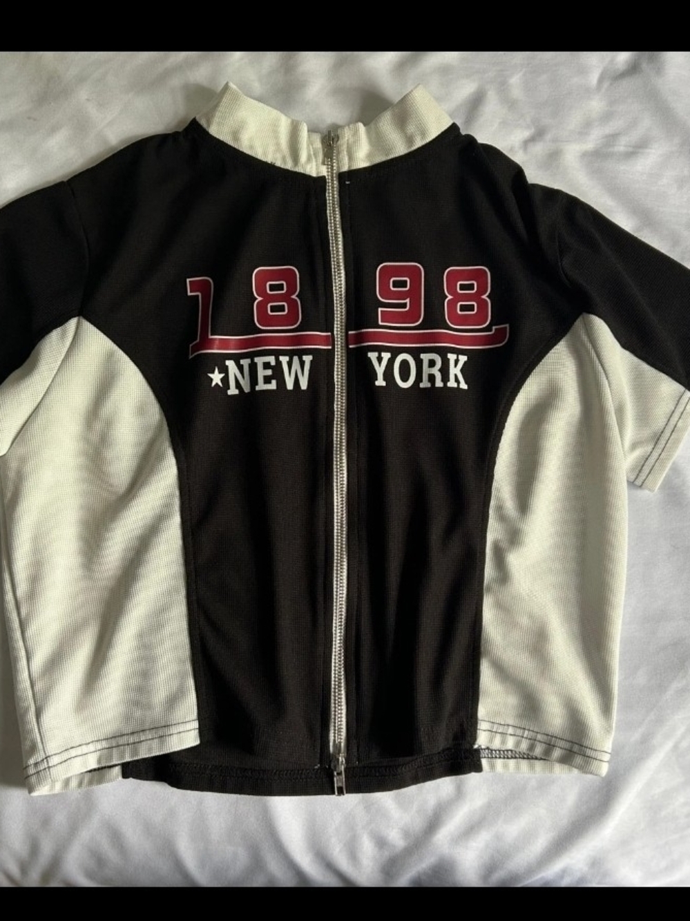 SHEIN Black & Cream '1898 New York' Zip-Front Jersey